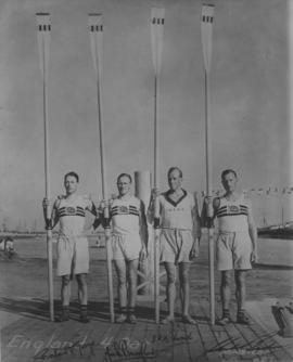Great Britain Coxless Four at 1932 Olympic Games posing with blades