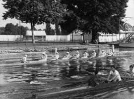 Eight training on the Henley course, thought to be 1949 Thames Cup VIII